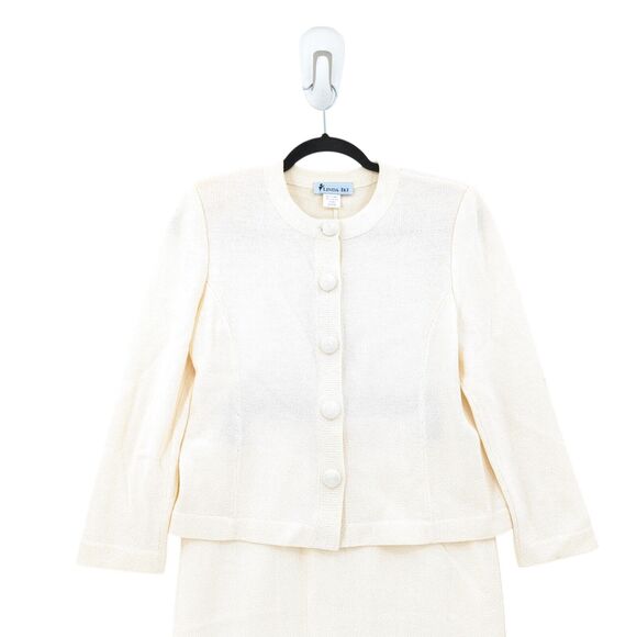 Linda Iki Women S Suit Set White Knit Blazer Skirt Hawaiian Buttons VTG FLAW - Picture 3 of 13
